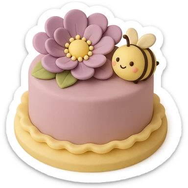 Add a cute bee next to the purple flower in fondant cake art style, keeping the cake-like appearance and colors consistent. sticker