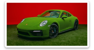 Medium shot of a porsche 911 made of green grass, red solid studio background, low keu light, top soft light, dutch angle,  captured by arri alexa sticker