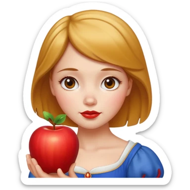 Create an emoji of Snow White holding a red apple, with short golden-brown hair. sticker