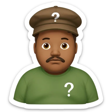 fat man with brown cap and green t shirt printeed a question mark sticker