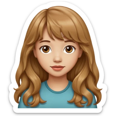 Please generate a portrait of a pretty girl with long, wavy, light brown hair and bangs. sticker