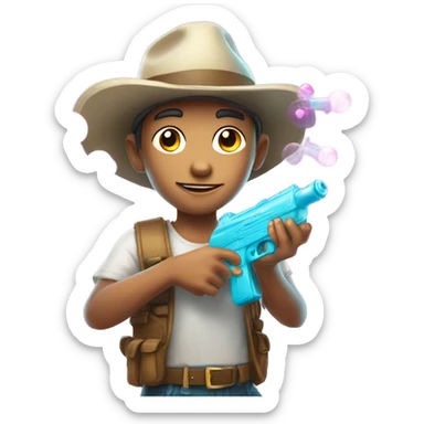 Caucasian boy in glowing outfit and hat with bubble guns in each hand sticker