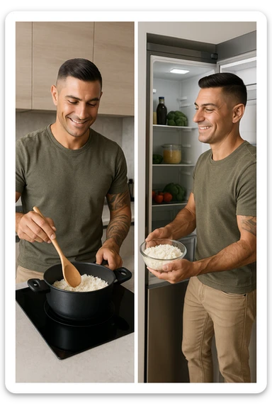 Uomo che cucina riso e mette la ciotola poi nel frigo sticker