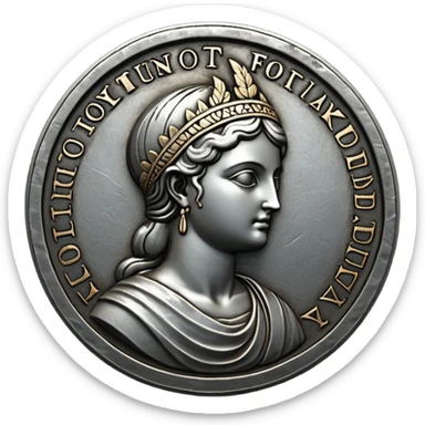 Emoji style, ancient coin made of blackened metal, “FORTUNA” engraved in refined fashion typography, heavy form, subtle worn metal texture, avant-garde editorial aesthetic, no glow, no neon, flat emoji design, centered, transparent background sticker