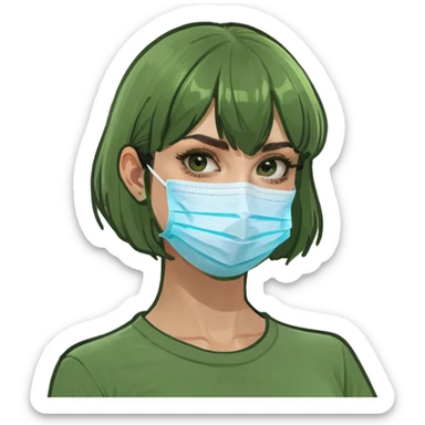 Old girl wearing medical mask with bangs and short hair, hair color brown sticker