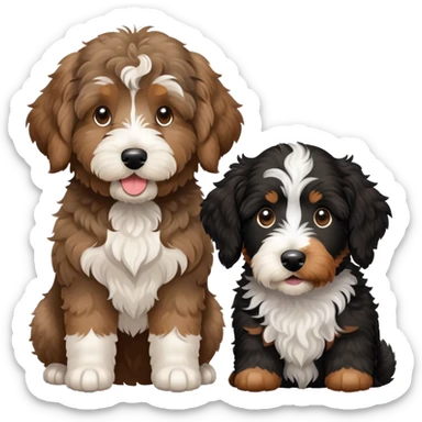 2 dogs: one light brown Aussiedoodle, one all-black Bernedoodle with white eyebrows some white markings, no brown . Both same size. sticker