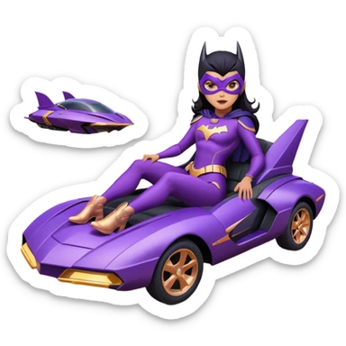 Hot full size real-appearance racing action BatGirl’s Lego feminine midnight-purple tight outfit sixty’s tv show 1992 stealth retro cat burglar sporty petite off-road pursuit hovering hover cruiser car rose gold accents (black hair,reclined and relaxed seating position and attitude) desert sticker