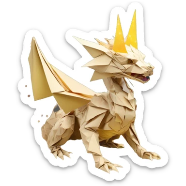 Sparkling patterned Beige Origami dragon with a dried flower crown made of newspapers intricate patterns surrounded by fairy lights nebula galaxy stars swirls iridescent yellow sticker