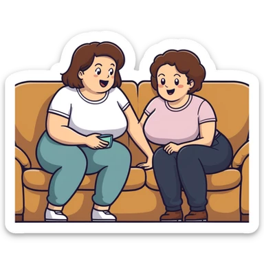 One Caucasian woman with brown hair big boobs wearing pants sitting on a couch with a bald man. She is looking down shocked. He is smiling. sticker