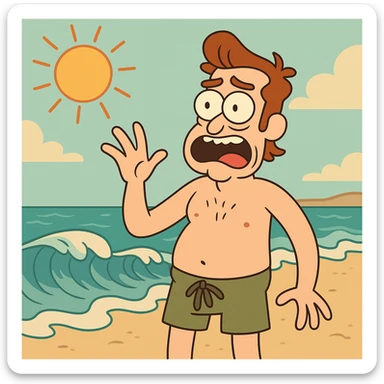beach with waves and bright sun, cartoon style sticker