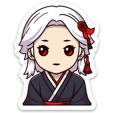 forty year old albino shrine maiden with white hair, red eyes, and pale face sticker