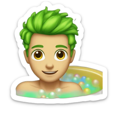 Posh-muscle-boy-green-eyes-rainbow-hair-pearl-necklace-in-golden-bathtub sticker