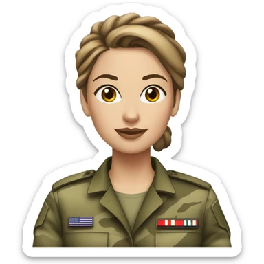 White Woman in camo military uniform , brown hair, hair bun sticker