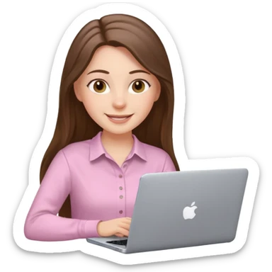 happy white long brunette hair girl with hazel eyes and in light pink using laptop sticker