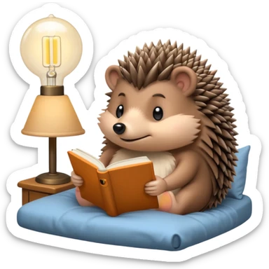 hedgehog reading in bed with retro light lamp next to it sticker
