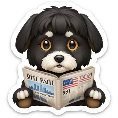 Black havanese dog reading newspaper titled “9/11” sticker