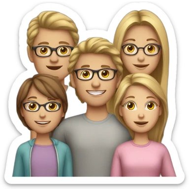 White family of 4, brown hair mom, brown hair boy, 2 girls with glasses and long blond hair sticker