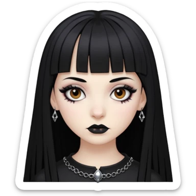 Faça uma moça de cabelo preto e micro micro franja pálida e com maquiagem gótica pesada olhos castanhos escuro  sticker