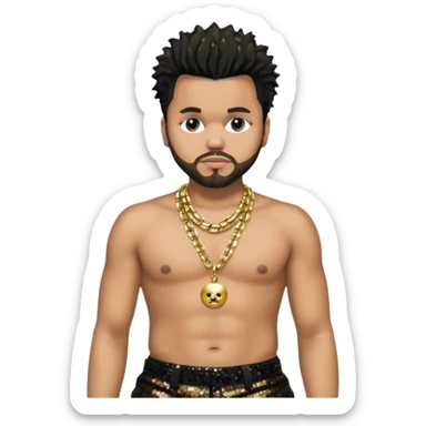 The Weeknd with black sequin baggy pants, shirtless with necklace sticker