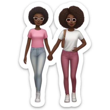 A young black-skinned woman with natural African hair dressed in classic clothes and a young girl with white skin wearing big pink glasses and streetwear clothes who are both holding hands sticker