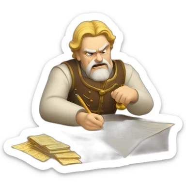 middle ages taxman, angry, writing on a paper, pile of gold sticker
