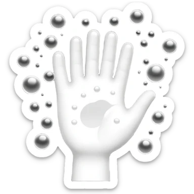 Simple black and white icon showing a single hand with soap bubbles on it, easy to recognise for all ages and languages, flat style, no text, isolated on plain background sticker