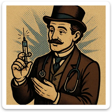 A caring looking victorian doctor holding a vaccination sticker