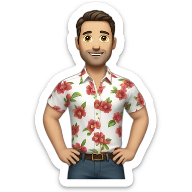 white man with a flower shirt with a red pant and dark hair sticker