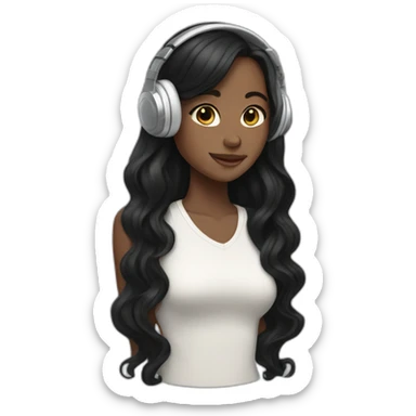 girl with white skintone and tall black wavy hair and headphones sticker
