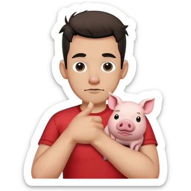 man with rock and roll hand symbol but thumbs tucked in and its facing down and the man is wearing a red shirt with a white pig on it sticker