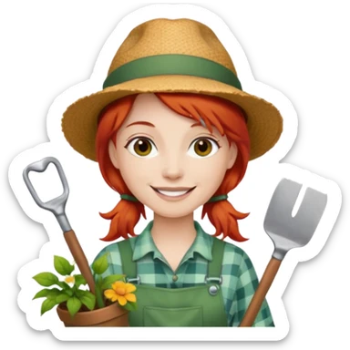 red hair gardener holding gardening tools, with hat sticker
