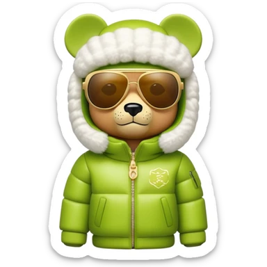 sleek bearbrick with lime balaclava covered in logo graffiti, futuristic single continuous visor sunglasses as one solid piece, no eye division, luxurious voluminous puffy coat with fur trim, gold chain accessories sticker