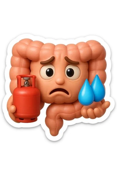 EMOJI STILE IPHONE DI un'intestino preoccupato che ha una bombola di gas in mano e due gocce di acqua in 3d nell'altra mano, IPERREALISTICO 4K sticker