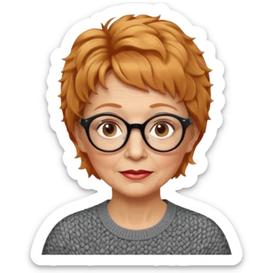 woman 70 years old, very short strawberry blonde weavy hair, brown eyes and round dark glasses sticker