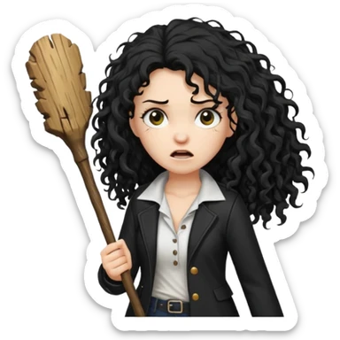 Hey, please generate me an emoji that depicts a woman white skin long black curly disheveled hair slightly thicker, she is wearing a white T-shirt and a black unbuttoned jacket she is furious she is holding a large wooden stick from a tree in her hands sticker