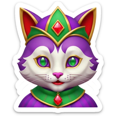crazy colorful cute little cat jolly joker from poker, medieval, vintage, court jester, mac os icon, purple, gold and red color, half body, emerald green ice eyes. Squared shape as 3D mac os icon, symmetrical sticker