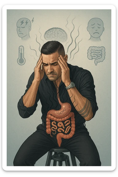 a person sits with a troubled expression, holding their head in their hands. A transparent overlay on their body reveals stylized images of parasites in the digestive tract, while faint, shadowy tendrils extend upward toward the brain, symbolizing the psychological impact. The background is clinical and educational, with subtle icons representing both physical and mental symptoms. sticker