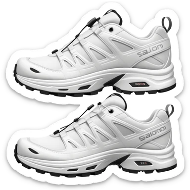 Pure white Salomon XT-6 shoes with zero colored elements, one arranged behind the other, minimal iOS emoji aesthetic, clean white sneakers sticker