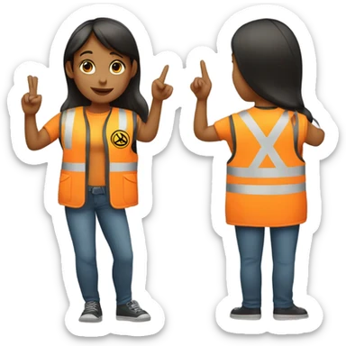 A girl with a safety vest on with a peace sign  sticker