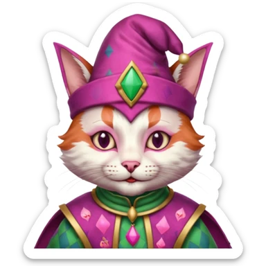 court jester cat medieval, single poker card joker clearly visible, pink, face only, court jester cap sticker