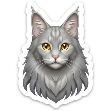 Cinematic Grey Maine Coon Cat Portrait Emoji, Elegant and alert, sleek grey, silver, and white tones, Simplified yet sharp features, highly detailed, glowing with a cool, confident glow, high shine, intelligent and poised, stylized with an air of grace, focused and attentive, soft glowing outline, capturing the essence of strength and sophistication, so lifelike it feels as though it could spring into motion with its majestic tail swishing at any moment! sticker
