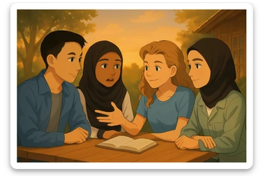 Continuation of the scene: The second girl in hijab (to the left of the blonde girl) is speaking, others are listening. Gentle wind visible in her hair and the book's pages. Faces remain identical to the original image. sticker