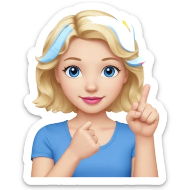 Girl Blonde short wavy hair,  blue eyes, cute blue top, long lashes, pink lips, smiling, fist bump sticker