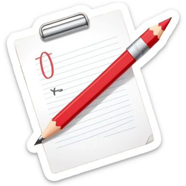 A red pencil in front of a small paper with minimal writing on it sticker