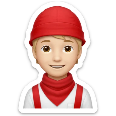 A Soviet pioneer emoji — smiling young boy wearing a bright red tie (pioneer neckerchief) and a red pilotka cap. White shirt, neat and cheerful, minimal flat emoji style, simple colors, clear outlines, professional emoji design. sticker