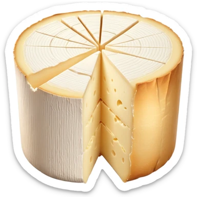 small cylindrical wheel of Chaource cheese with soft wrinkled white rind and creamy pale ivory interior, one clean slice showing dense slightly oozy center, upright shape with rounded edges and bloomy textured surface, soft lighting, subtle shadows, emoji scale sticker