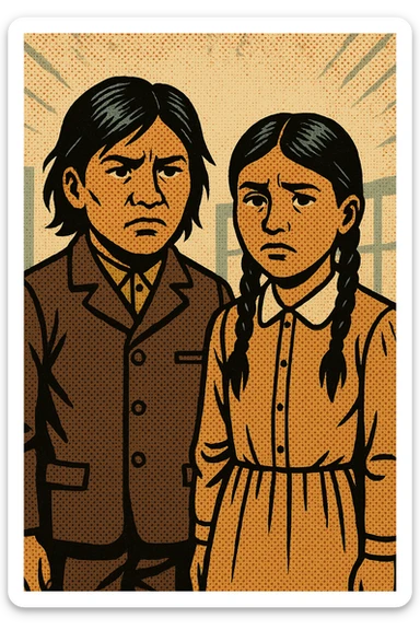 A native american boy and girl standing next to each other dressed in American style clothing from the 1880s in the Carlisle Indian School looking unhappy.  sticker