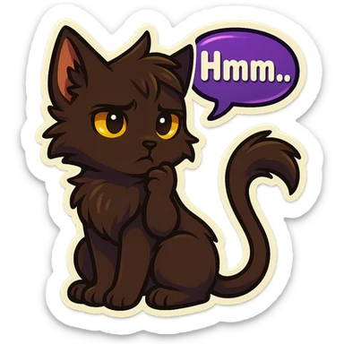 a dark-brown fluffy cute kawaii anthropomorphic furry anime cat-furry with tufted ears, golden eyes, and a long thin tufted tail, thinking, frowning thoughtfully, saying “Hmm..” with a purple speech bubble, (cartoon style) (cute anime style) (furry style) (deviantArt style) (artist style: Kamirah) sticker