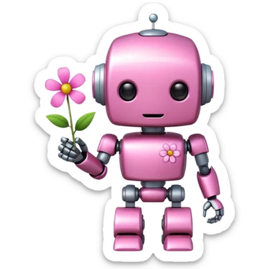 pink cute robot, holding a tiny flower sticker