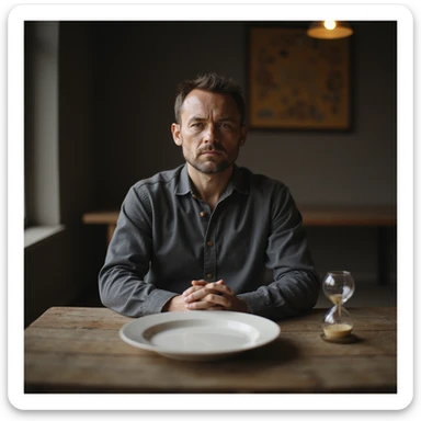 hyperrealistic 4K image of a man meditating at a table, in front of an empty plate and an hourglass almost at the end, Zen environment, detailed facial features sticker